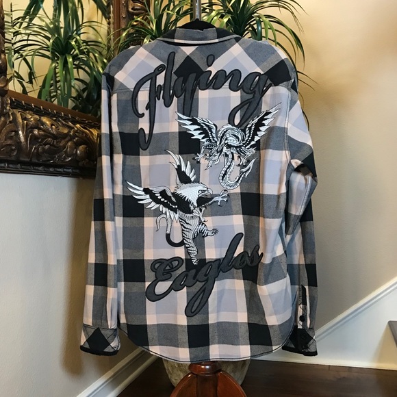 Ed Hardy Other - RARE Men’s Ed Hardy Embroidered “Flying Eagles” Button Down Cotton Flannel Shirt